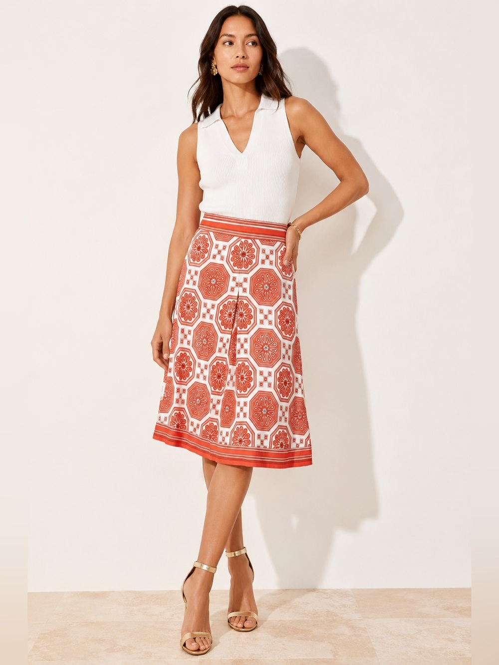 Trina Turk Silk Coral and White geometric Printed Midi Skirt size 4